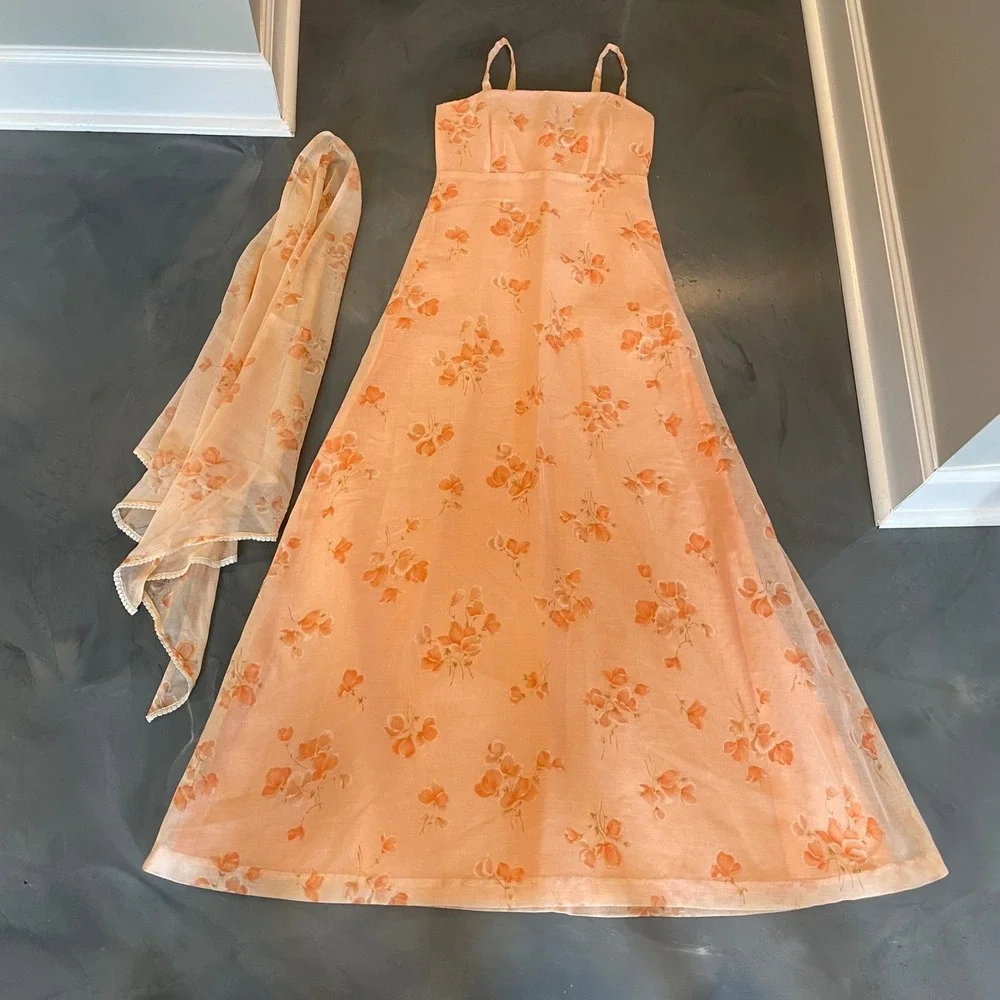 Vintage Peach Floral Cottagecore Maxi Dress S Matching Shawl Orange Gown Fairy